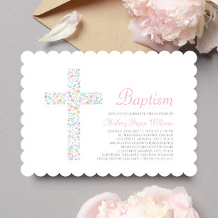 Sweet Pink Floral Cross Baby Girl Baptism Invitation