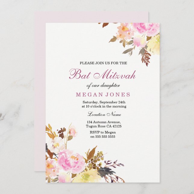 Sweet Pink Floral Girl Bat Mitzvah Invitation (Front/Back)