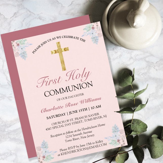 Sweet Pink Floral Girls First Holy Communion Invitation (Creator Uploaded)