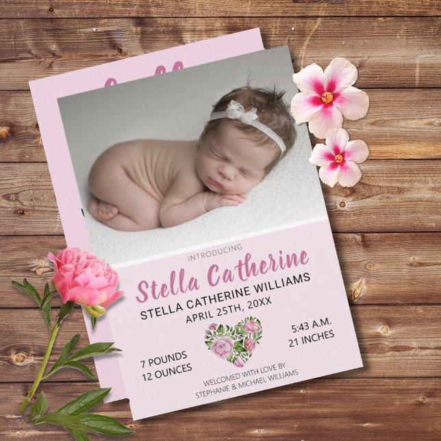 Sweet Pink Floral Heart Baby Photo Birth Announcement (Hello World Sweet Pink Floral Heart Birth Announcement Photo Card)