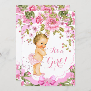 Sweet Pink Floral Rose Baby Shower Girl Blonde Invitation