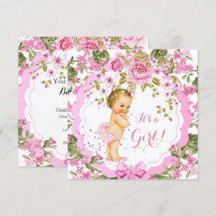 Sweet Pink Floral Rose Baby Shower Girl Blonde Invitation