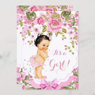 Sweet Pink Floral Rose Baby Shower Girl Brunette Invitation