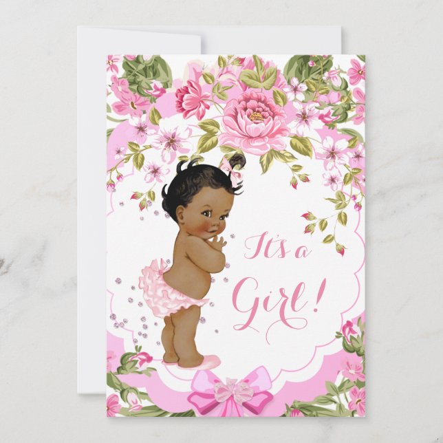 Sweet Pink Floral Rose Baby Shower Girl Ethnic Invitation (Front)