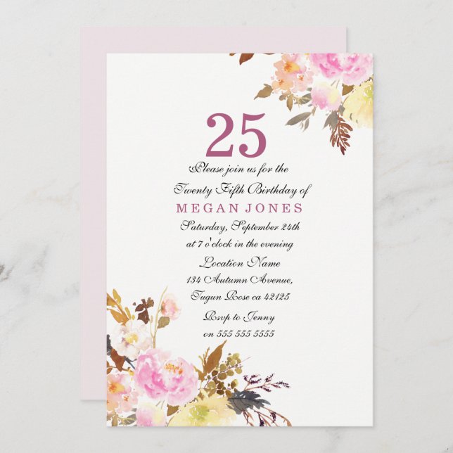 Sweet Pink Floral Script 25th Birthday Invitation (Front/Back)