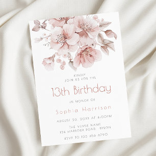 Sweet Pink Flowers Girls 13th Birthday Party Invitation