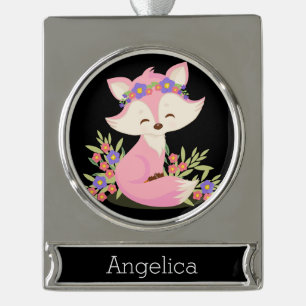 Sweet Pink Fox Personalised Silver Plated Banner Ornament