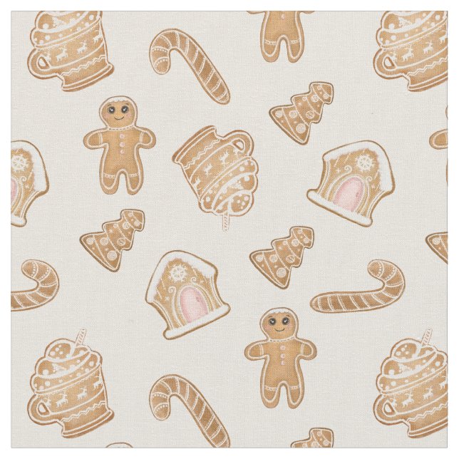 Sweet Pink Gingerbread Christmas seamless pattern Fabric (Close Up)