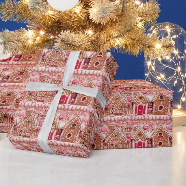 Sweet Pink Gingerbread Houses - Festive Holiday Wrapping Paper (Holidays)