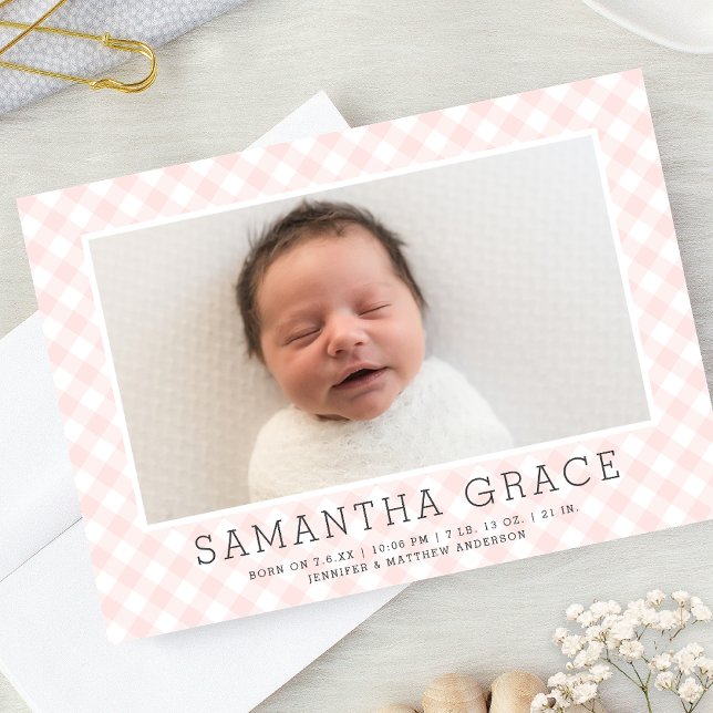 Sweet Pink Gingham Pattern | Birth Announcement (Creator Uploaded)