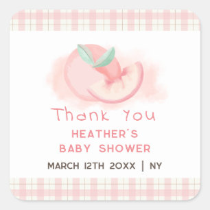 Sweet Pink Gingham Peach Baby Shower Thank You Square Sticker