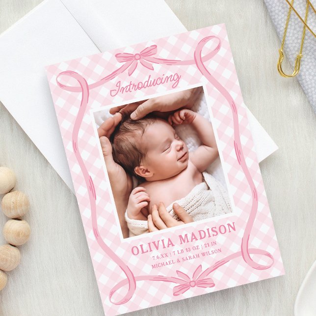 Sweet Pink Gingham Ribbon Bow Birth Announcement (Creator Uploaded)