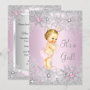 Sweet Pink Girl Girl Baby Shower Snowflake Blonde Invitation