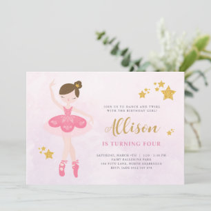 Sweet Pink & Gold Ballerina Birthday Invitation