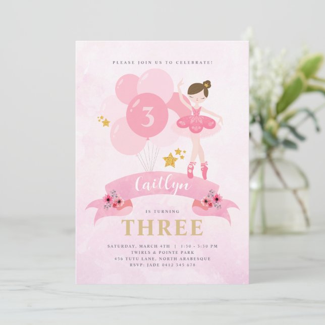 Sweet Pink & Gold Ballerina Birthday Invitation (Standing Front)