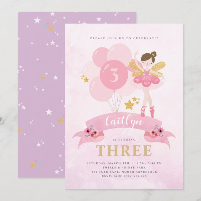 Sweet Pink & Gold Ballerina Fairy Birthday Invitation (Front/Back)