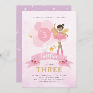 Sweet Pink & Gold Ballerina Fairy Birthday Invitation