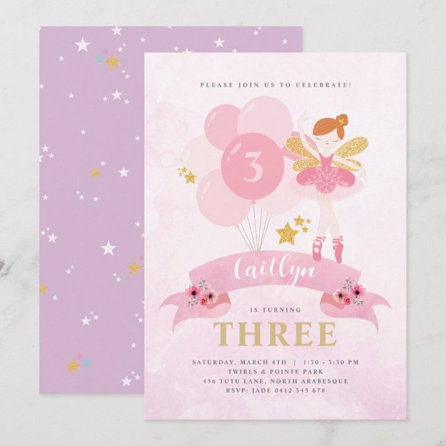Sweet Pink & Gold Ballerina Fairy Birthday Invitation (Front/Back)