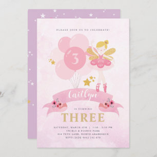 Sweet Pink & Gold Ballerina Fairy Birthday Invitation