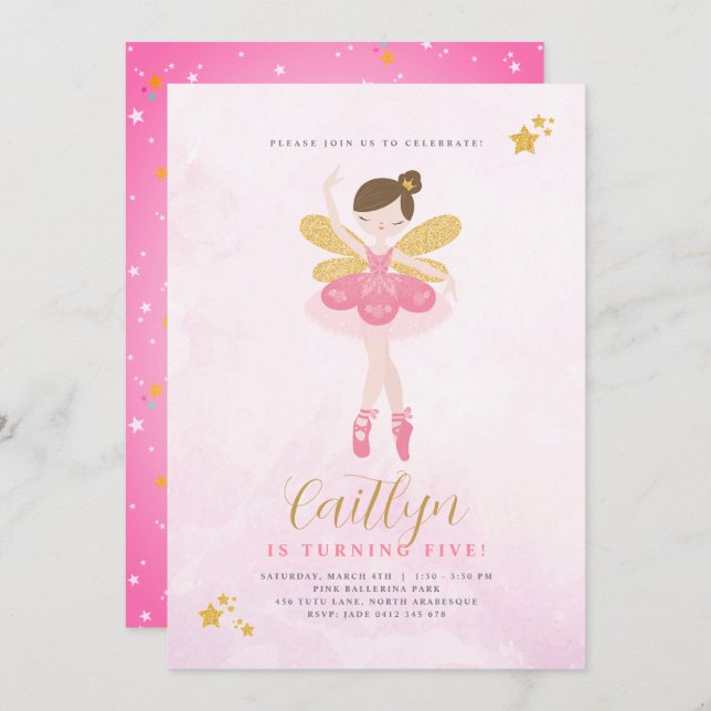 Sweet Pink & Gold Ballerina Fairy Birthday Invitation (Front/Back)