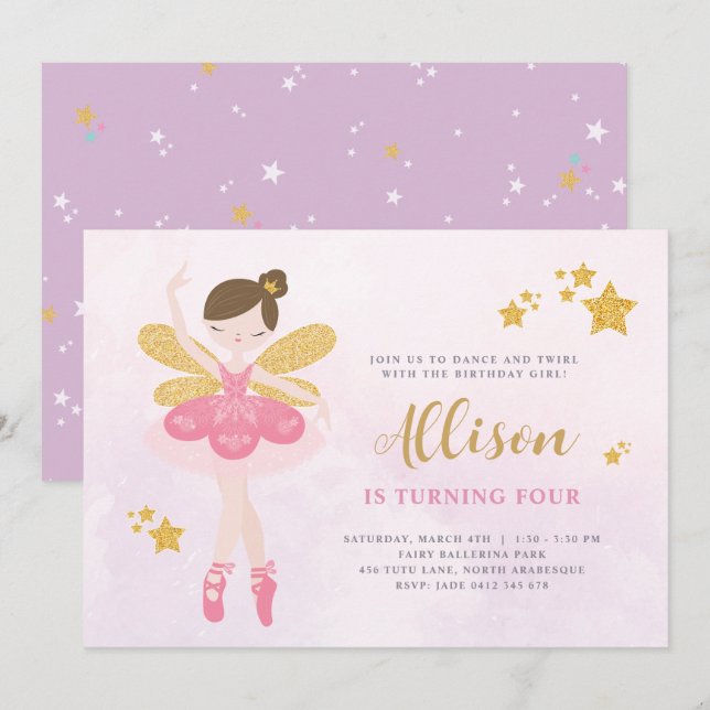 Sweet Pink & Gold Ballerina Fairy Birthday Invitation (Front/Back)