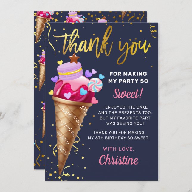 Sweet Pink Gold Ice Cream Birthday Navy Blue Thank You Card (Front/Back)