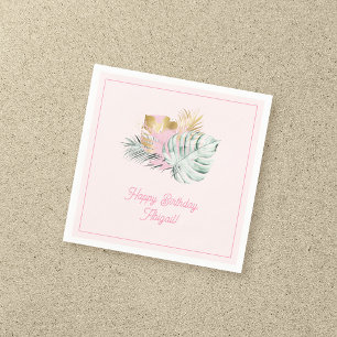 Sweet Pink & Gold Tropical Leaves Birthday Party Napkin