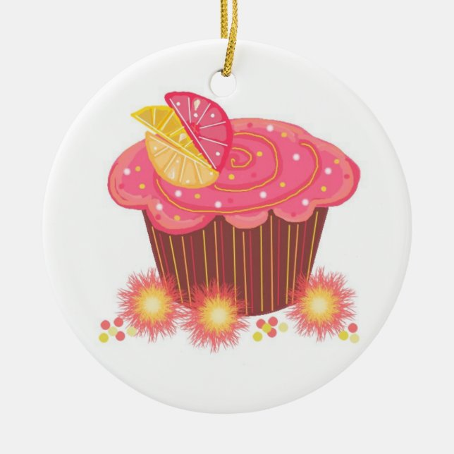 Sweet Pink Grapefruit Cupcake Ceramic Ornament (Front)