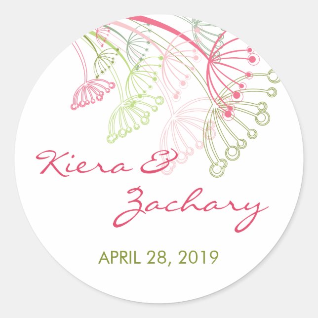 Sweet Pink Green Dandelion Flowers Summer Wedding Classic Round Sticker (Front)