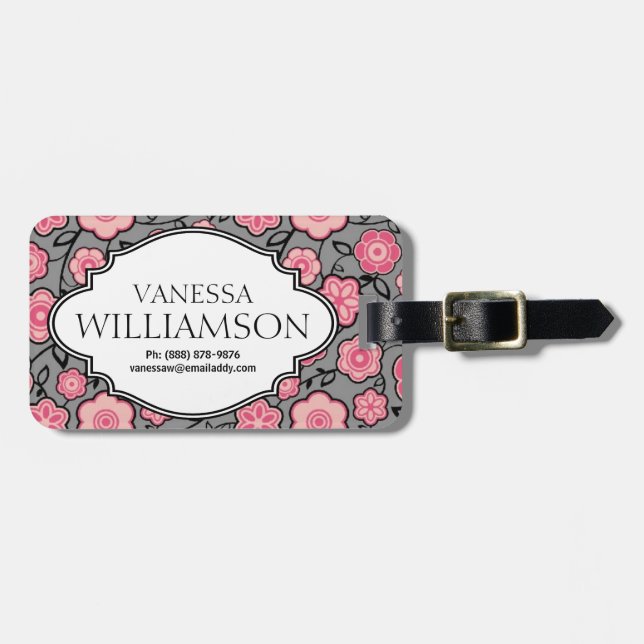 Sweet Pink Grey Personalised Floral Bag Tag (Front Horizontal)