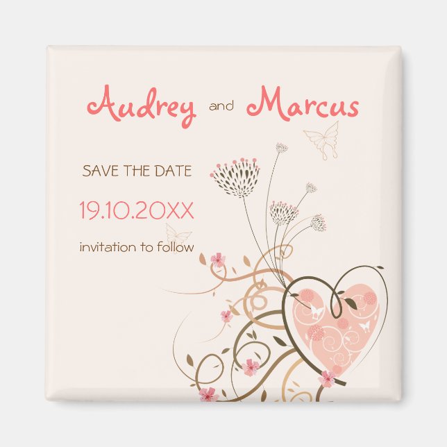 Sweet Pink Heart And Butterfly Swirls Save Date Magnet (Front)