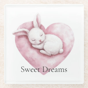 Sweet Pink Heart Bunny Heart Pillow Glass Coaster