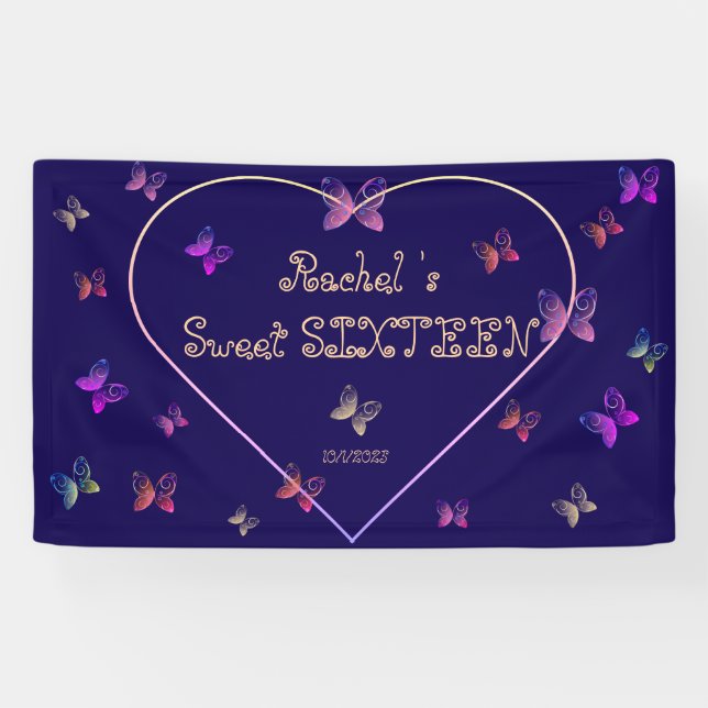sweet Pink Heart Butterflies Sweet 16 Birthday  Banner (Horizontal)