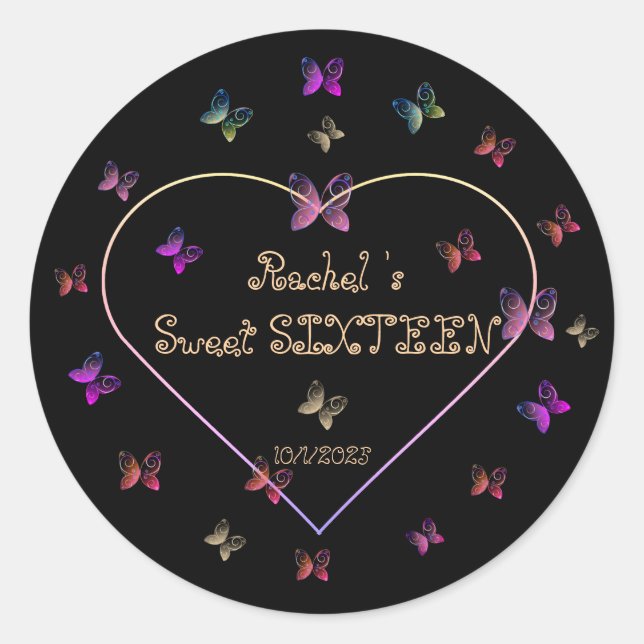 sweet Pink Heart Butterflies Sweet 16 Birthday  Classic Round Sticker (Front)