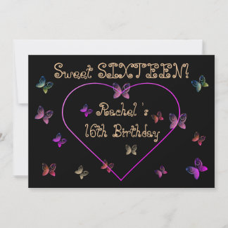 sweet Pink Heart Butterflies Sweet 16 Birthday Invitation
