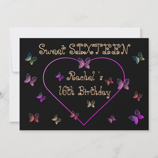 sweet Pink Heart Butterflies Sweet 16 Birthday  Invitation (Front)