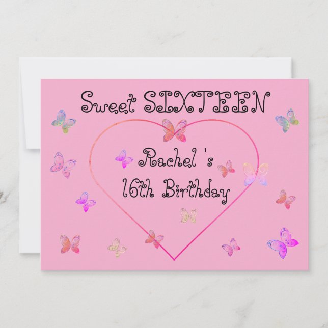 sweet Pink Heart Butterflies Sweet 16 Birthday Invitation (Front)