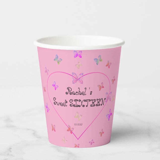 sweet Pink Heart Butterflies Sweet 16 Birthday  Paper Cups (Front)