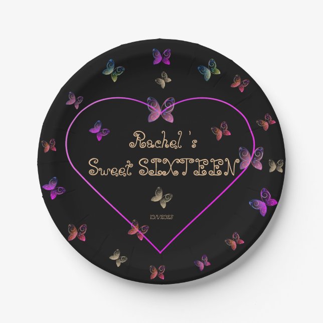 sweet Pink Heart Butterflies Sweet 16 Birthday  Paper Plate (Front)
