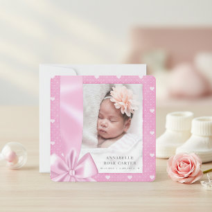 Sweet Pink Heart Ribbon Baby Announcement Card