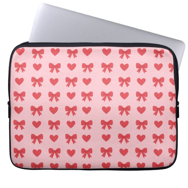 Sweet Pink Hearts & Bows Pattern Laptop Sleeve (Front)