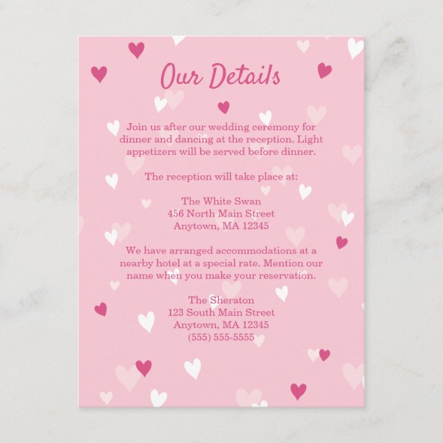 Sweet Pink Hearts Valentine Wedding Enclosure Card (Front)