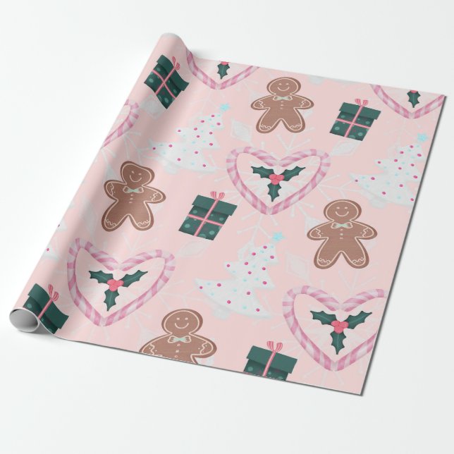 Sweet Pink Holiday Cheer Wrapping Paper (Unrolled)