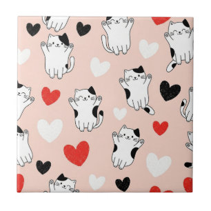 Sweet Pink Kawaii Cats & Hearts Pattern (1) Ceramic Tile