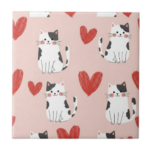 Sweet Pink Kawaii Cats & Hearts Pattern (2) Ceramic Tile