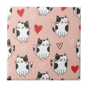 Sweet Pink Kawaii Cats & Hearts Pattern (3) Ceramic Tile