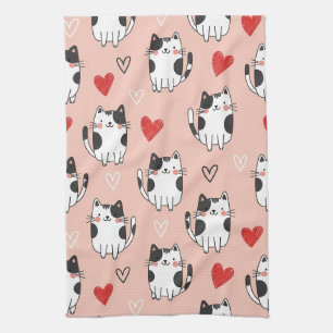 Sweet Pink Kawaii Cats & Hearts Pattern (3) Tea Towel