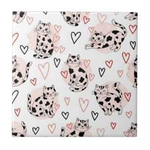 Sweet Pink Kawaii Cats & Hearts Pattern (4) Ceramic Tile