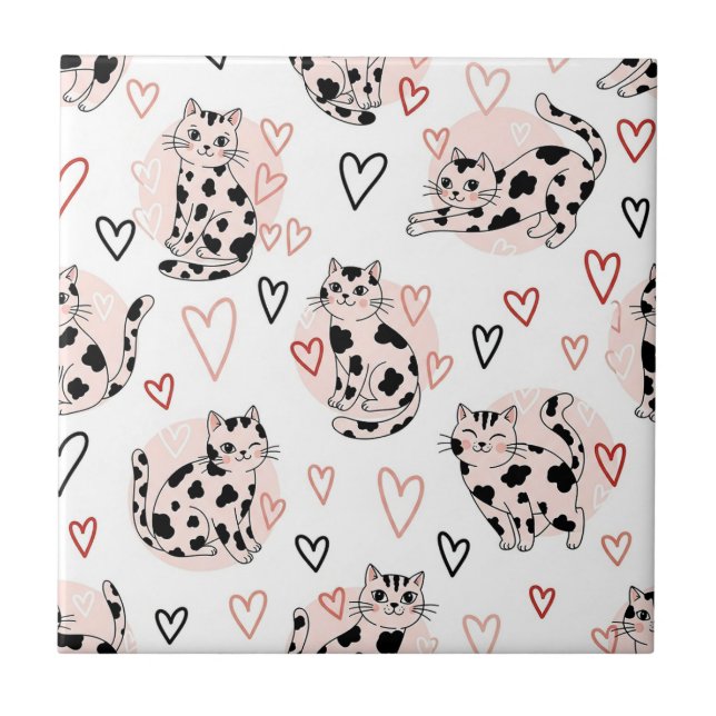 Sweet Pink Kawaii Cats & Hearts Pattern (4) Ceramic Tile (Front)