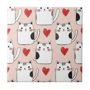 Sweet Pink Kawaii Cats & Hearts Pattern (5) Ceramic Tile